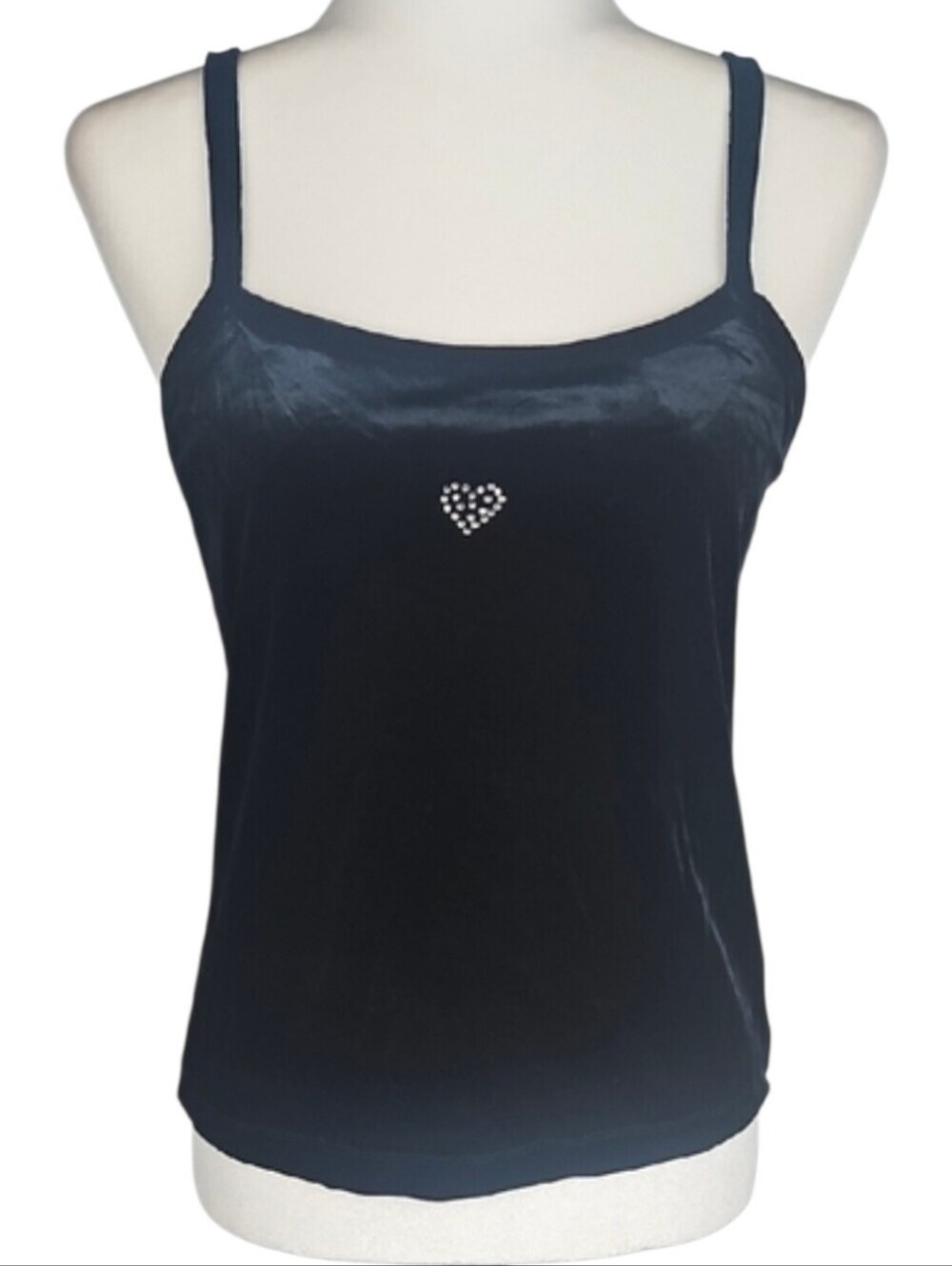 Y2K Bling Velour Velvet Cami Top Black Rhinestone Heart Retro Whimsigoth Glam